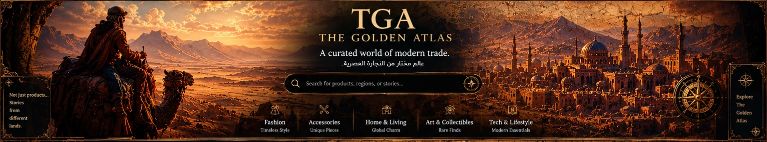 Golden Atlas hero artwork with a mounted traveler on a camel, desert mountains, historic city, search bar, and category labels.